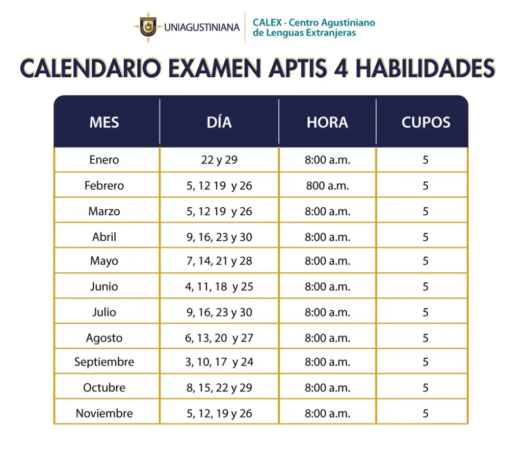 Calendario EXAMEN APTIS 4H
